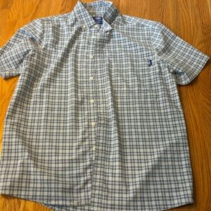 Blue and white plaid collard shirt